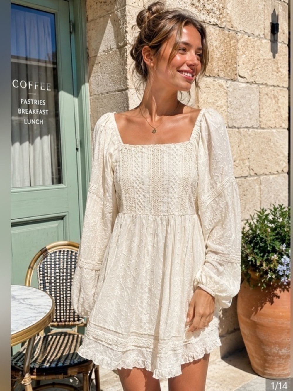 Nicole Miller White Smocked Mini Dress with Puff Sleeves